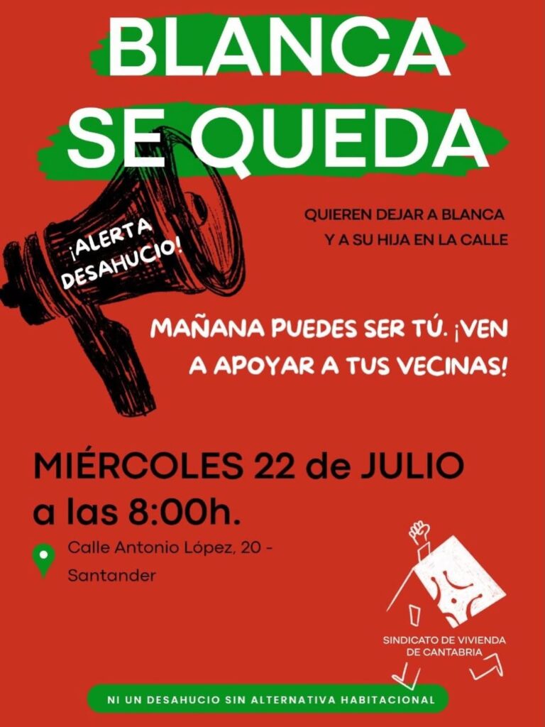 El Sindicato de Vivienda convoca una Concentración para frenar el Desahucio de una Mujer y su Hija en Santander