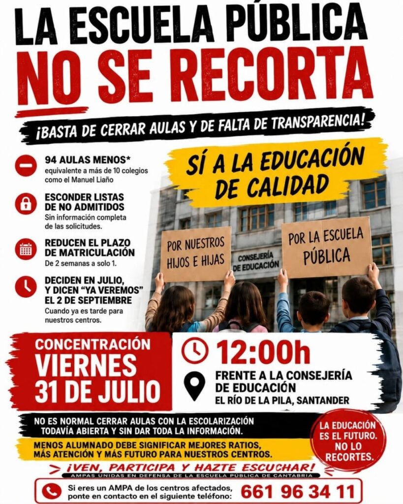 Convocada una Concentración este Viernes contra el recorte y cierre de Aulas en la Escuela Pública