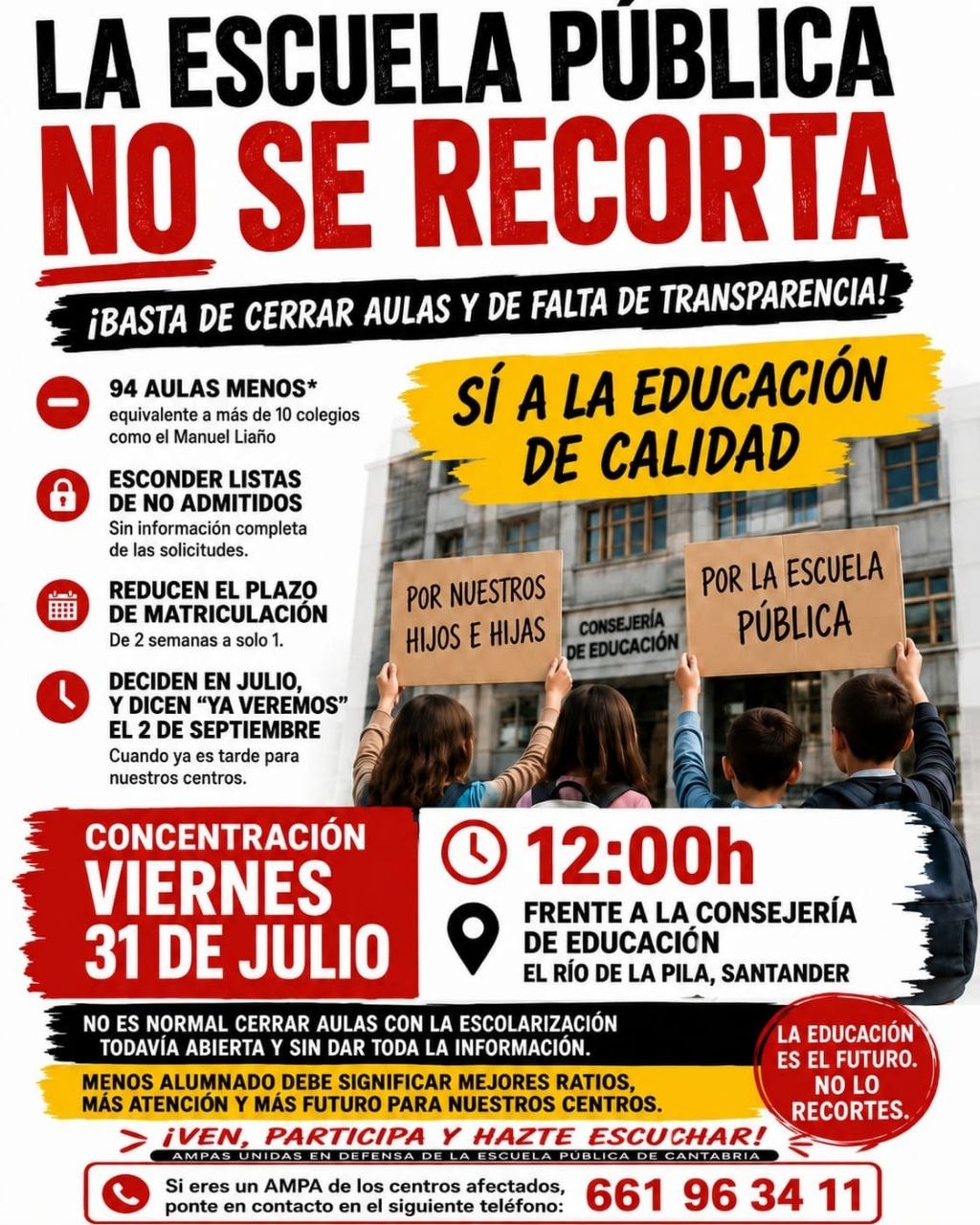 Concentración contra recortes y cierre de aulas de educación pública en Julio 2026